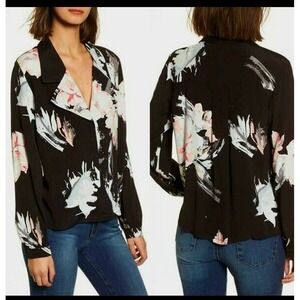 Leith Romantic Black With Soft Pink And Gray Floral Button Up Blouse Whimsy Sz M